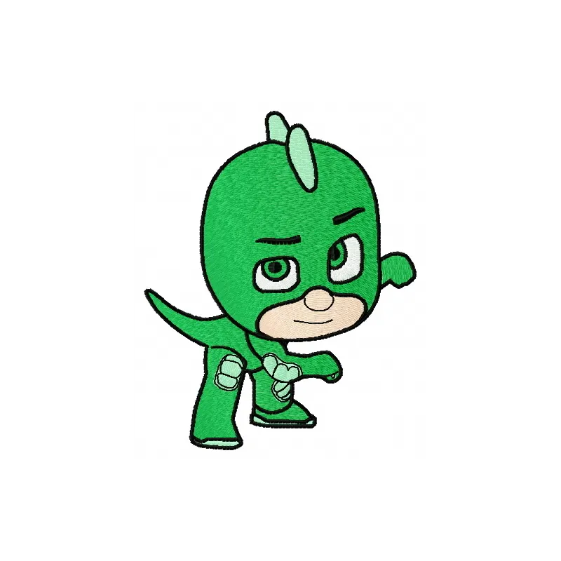 Gekko embroidery design from PJ Masks, showcasing a vibrant stitched motif ideal for children's clothing and accessories.
