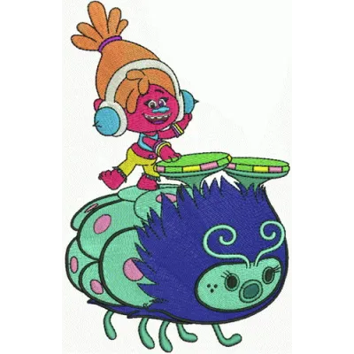 DJ Suki embroidery design featuring colorful motifs inspired by the Trolls franchise, perfect for playful stitching projects.