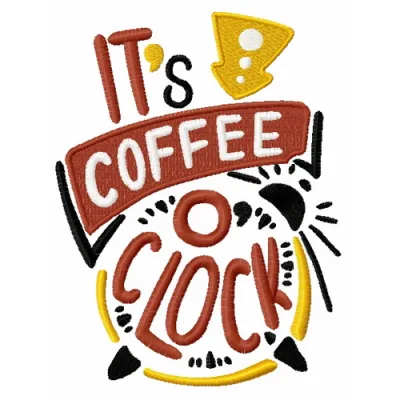 Preview of the 'It's Coffee O'Clock' embroidery design featuring a whimsical coffee theme for stitching projects.