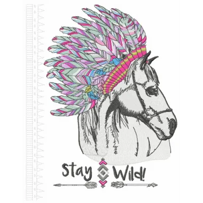 Stay wild embroidery design featuring a majestic horse, ideal for stitching on t-shirts and tote bags.