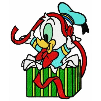Embroidery design of Donald Duck with ribbon, showcasing a playful motif from Duck Tales for creative stitching.