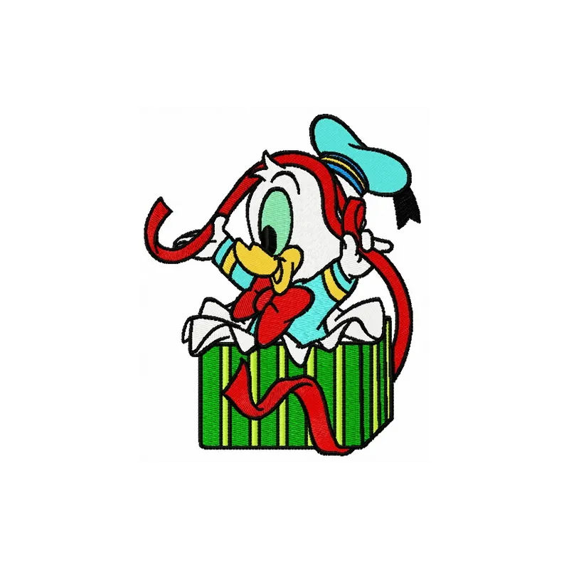 Embroidery design of Donald Duck with ribbon, showcasing a playful motif from Duck Tales for creative stitching.