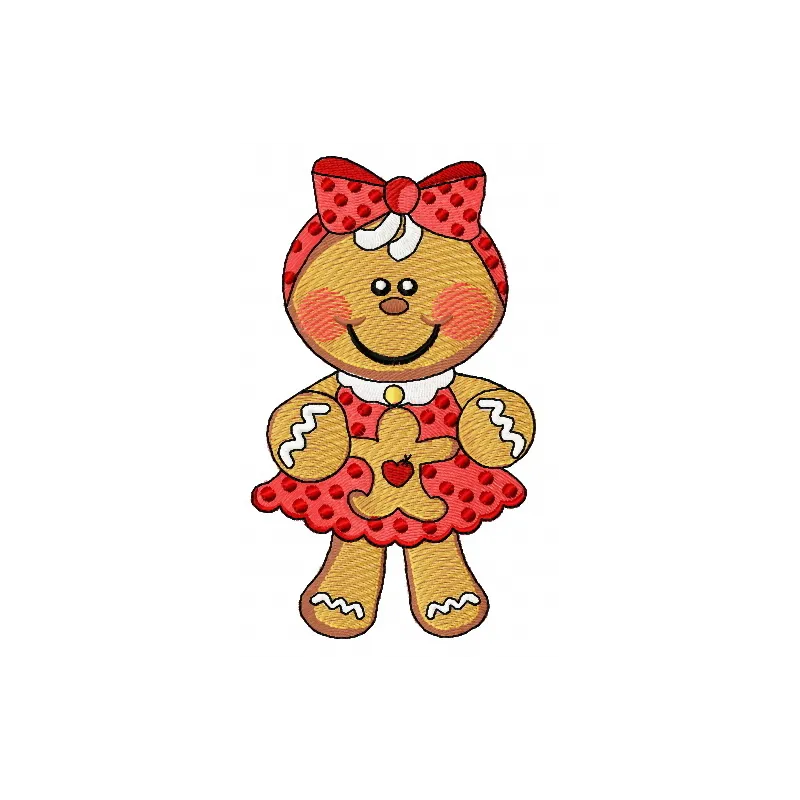 Preview of a gingerbread girl embroidery design, showcasing a delightful stitched motif for holiday projects.