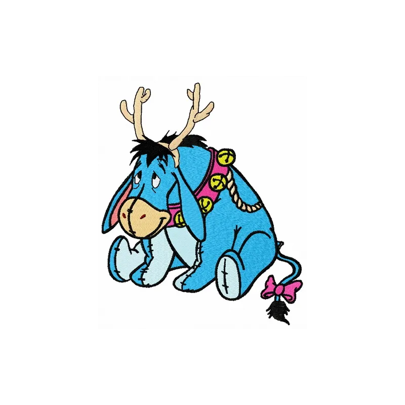 Preview of Eeyore with deer horns embroidery design, featuring a whimsical character suitable for various projects.