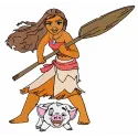 Moana and Pua embroidery design featuring vibrant characters, ideal for stitching on t-shirts or baby onesies.