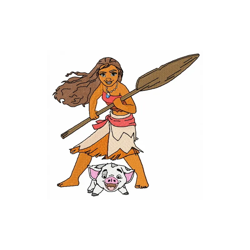Moana and Pua embroidery design featuring vibrant characters, ideal for stitching on t-shirts or baby onesies.