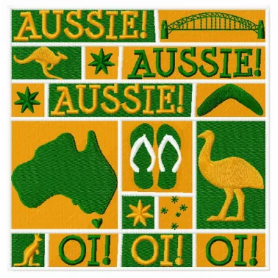 Aussie embroidery design showcasing iconic Australian symbols, perfect for stitching on t-shirts or tote bags.