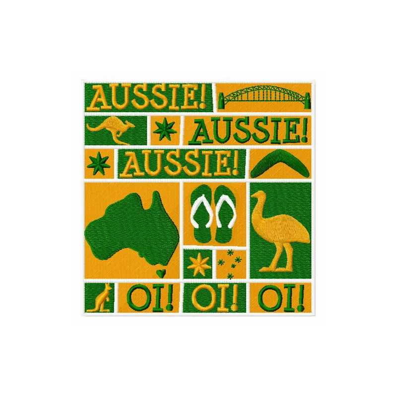 Aussie embroidery design showcasing iconic Australian symbols, perfect for stitching on t-shirts or tote bags.