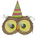 Embroidery design featuring an adorable owl celebrating its first birthday, ideal for baby onesies and party decor.