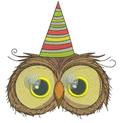 Embroidery design featuring an adorable owl celebrating its first birthday, ideal for baby onesies and party decor.