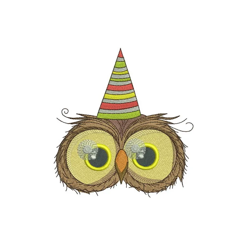 Embroidery design featuring an adorable owl celebrating its first birthday, ideal for baby onesies and party decor.