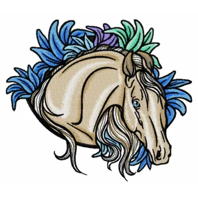Embroidery design of a horse at night, showcasing intricate stitching patterns and a serene nighttime scene.