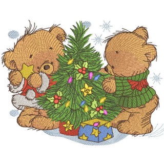 Bear decorating New Year tree embroidery design - Embroidery Design