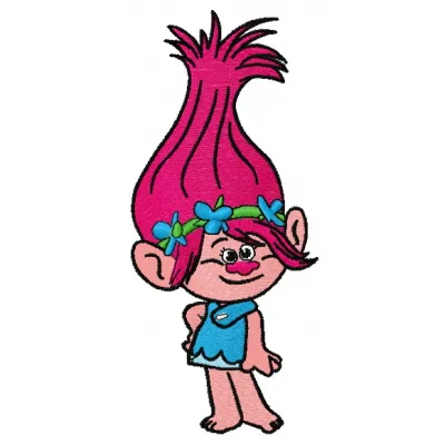 Preview of Princess Poppy 2 embroidery design featuring vibrant colors and whimsical details for Trolls enthusiasts.