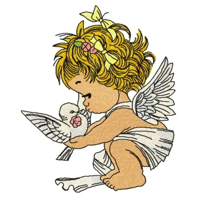 Preview of an angel with a pigeon embroidery design, showcasing intricate stitching patterns for creative projects.