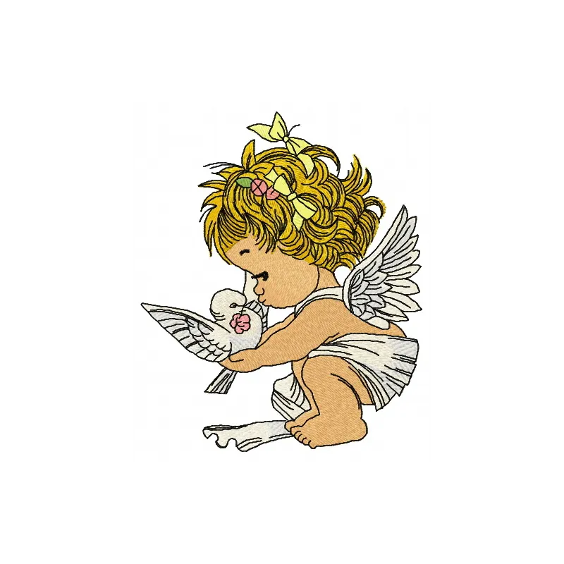 Preview of an angel with a pigeon embroidery design, showcasing intricate stitching patterns for creative projects.