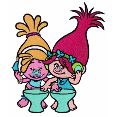 Embroidery design featuring Princess Poppy and DJ Suki from Trolls, perfect for creative stitching projects.