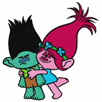 Princess Poppy and Branch embroidery design featuring Trolls characters, perfect for stitching on t-shirts and bags.