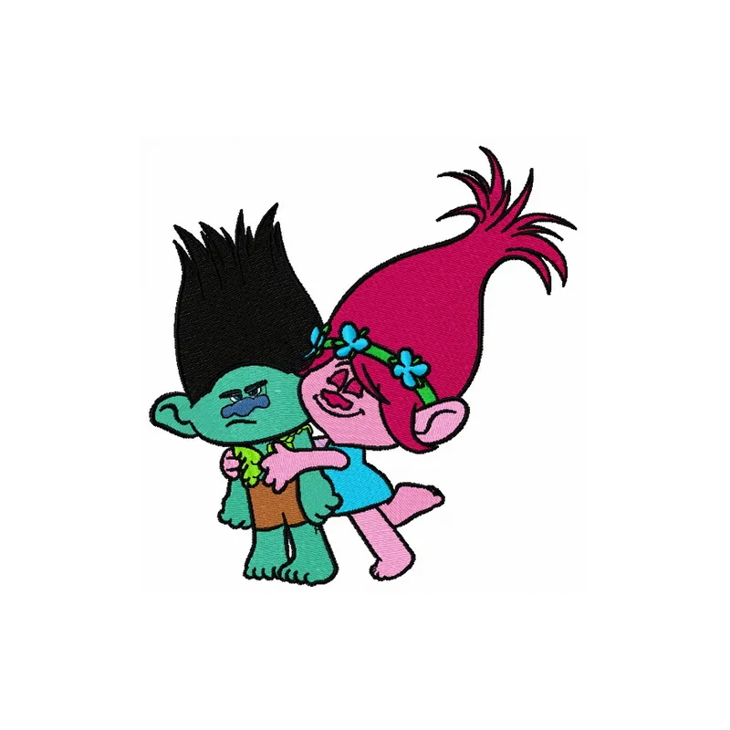 Princess Poppy and Branch embroidery design featuring Trolls characters, perfect for stitching on t-shirts and bags.