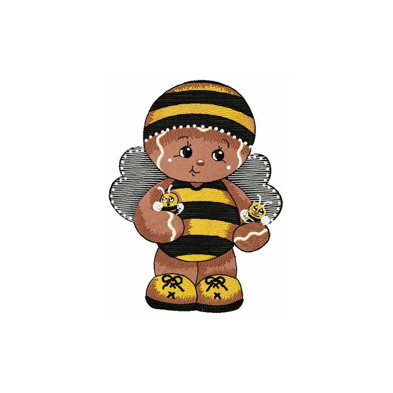 Gingerbread boy in a bee costume embroidery design, showcasing a whimsical stitched motif for festive projects.
