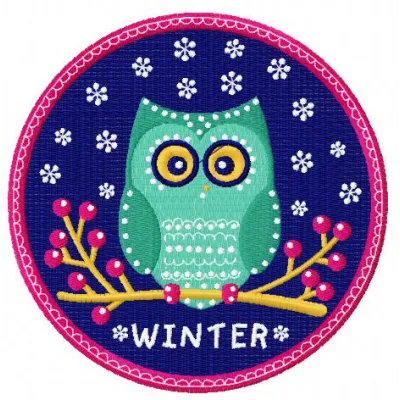 Winter owl embroidery design featuring a charming owl motif, ideal for stitching on winter apparel and decor.