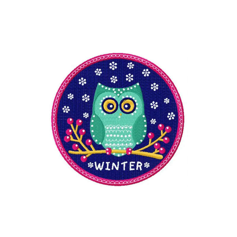 Winter owl embroidery design featuring a charming owl motif, ideal for stitching on winter apparel and decor.
