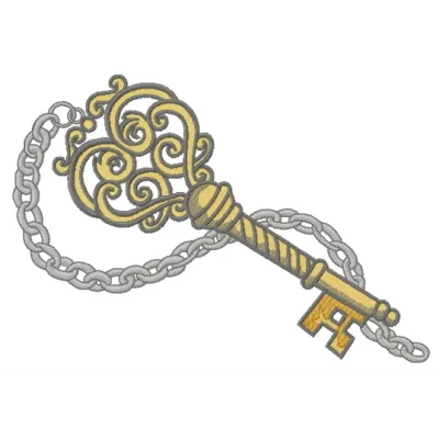 Vintage key embroidery design showcasing intricate stitching patterns, perfect for embellishing tote bags or hoodies.