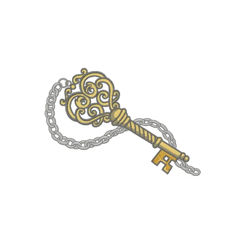 Vintage key embroidery design showcasing intricate stitching patterns, perfect for embellishing tote bags or hoodies.