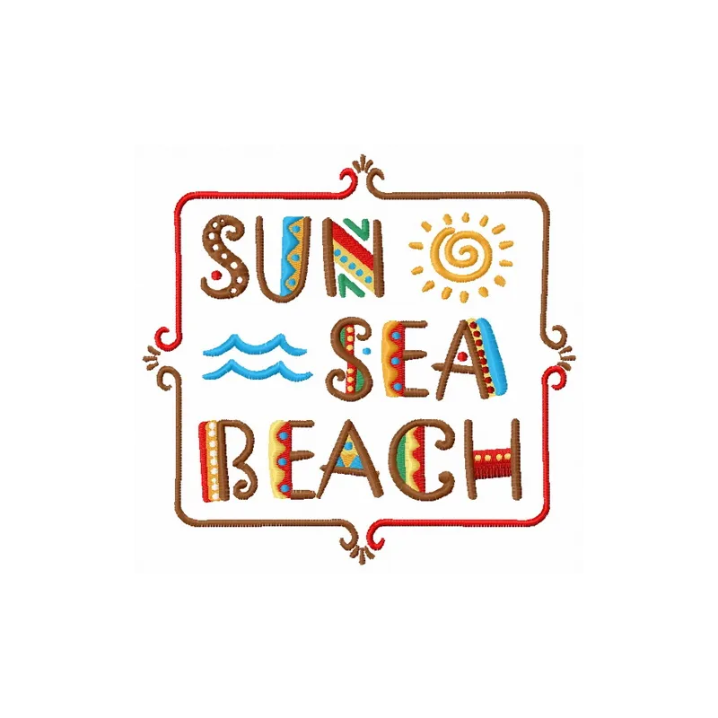 Embroidery design featuring sun, sea, and beach motifs from the Legends of South Pacific collection.