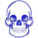 Preview of a blue skull embroidery design featuring tribal symbols, ideal for creative stitching projects.