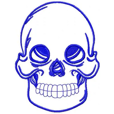 Preview of a blue skull embroidery design featuring tribal symbols, ideal for creative stitching projects.