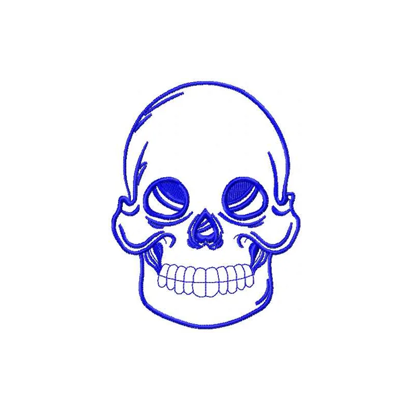 Preview of a blue skull embroidery design featuring tribal symbols, ideal for creative stitching projects.