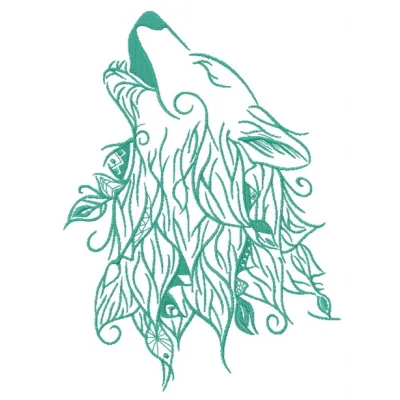 Howling wolf embroidery design showcasing a majestic wolf in a dynamic pose, ideal for stitching on apparel and home decor.