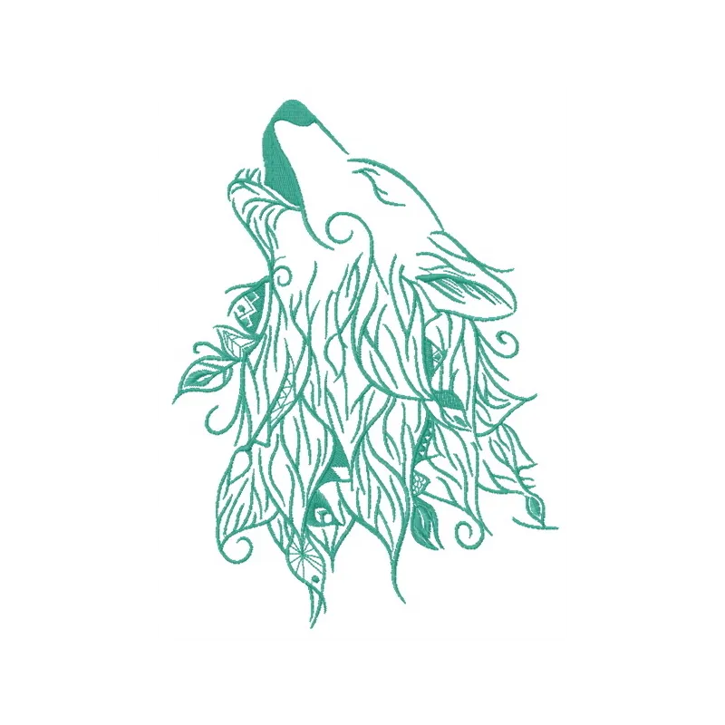 Howling wolf embroidery design showcasing a majestic wolf in a dynamic pose, ideal for stitching on apparel and home decor.