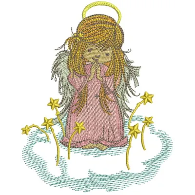 Preview of a praying angel embroidery design showcasing intricate stitching details for various fabric projects.