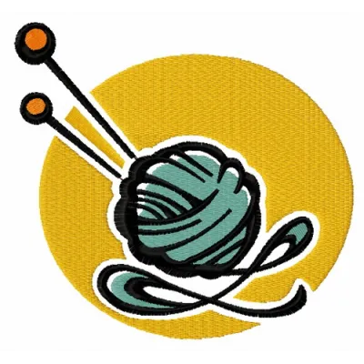Embroidery design featuring a wool skein and knitting needles, ideal for crafting enthusiasts.