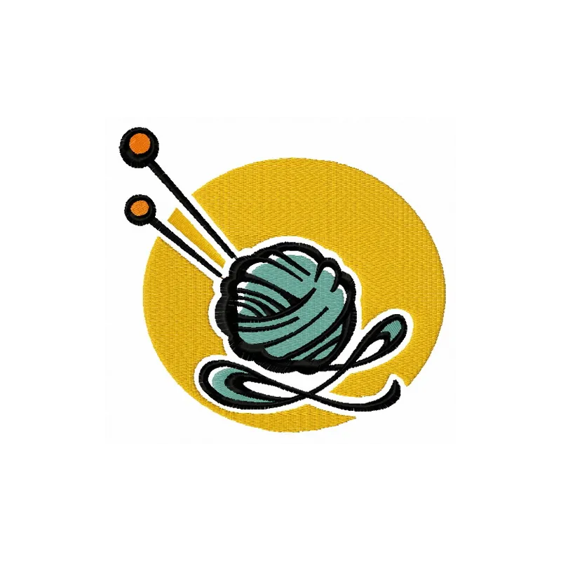 Embroidery design featuring a wool skein and knitting needles, ideal for crafting enthusiasts.