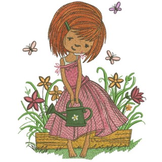Girl with watering can embroidery design - Embroidery Design