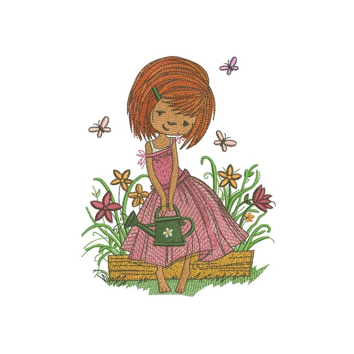 Embroidery design featuring a girl holding a watering can, ideal for stitching on tote bags or t-shirts.