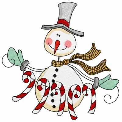 Embroidery design featuring a snowman adorned with a candy cane garland, perfect for festive projects.