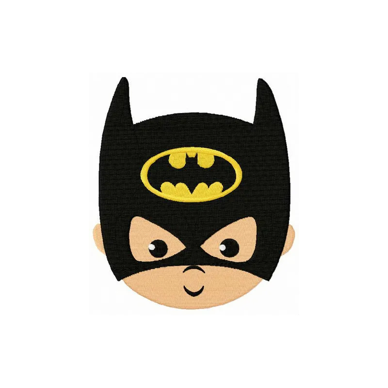 Baby Batman face embroidery design showcasing a cute and playful stitched motif for baby onesies and blankets.