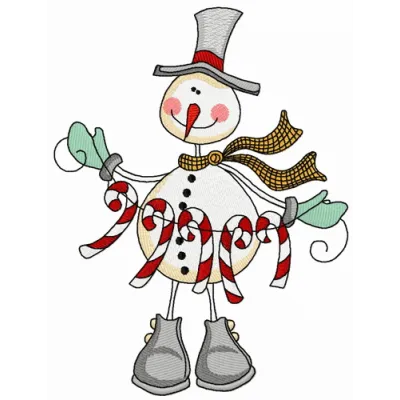 Embroidery design of a cheerful snowman adorned with a candy cane garland, perfect for festive stitching projects.