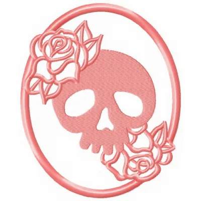 Skull in frame embroidery design showcased on fabric, featuring intricate stitching patterns for unique projects.