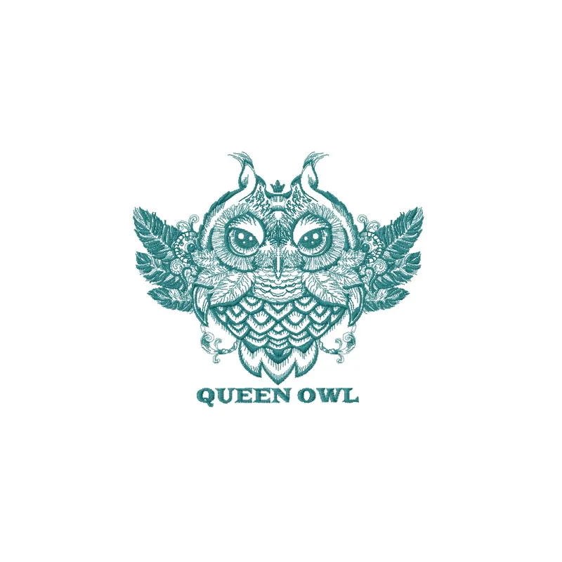 Queen owl embroidery design showcasing a regal owl motif, perfect for stitching on t-shirts and tote bags.