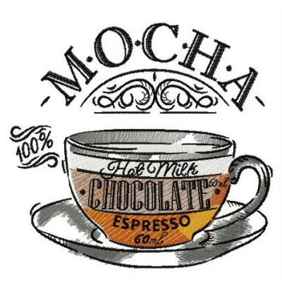 Cup of mocha embroidery design featuring intricate stitching patterns ideal for coffee lovers.