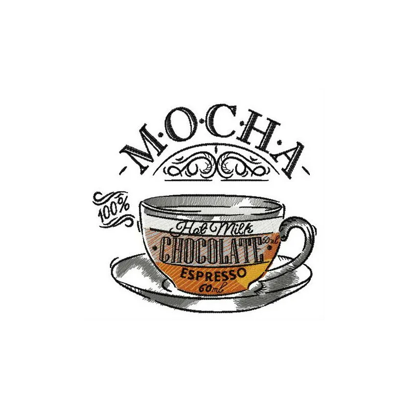 Cup of mocha embroidery design featuring intricate stitching patterns ideal for coffee lovers.