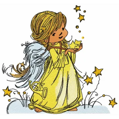 Star angel embroidery design showcasing a celestial motif, perfect for embellishing t-shirts and baby onesies.