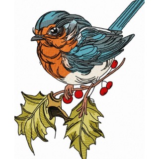 Robin on branch of holly 3 embroidery design - Embroidery Design