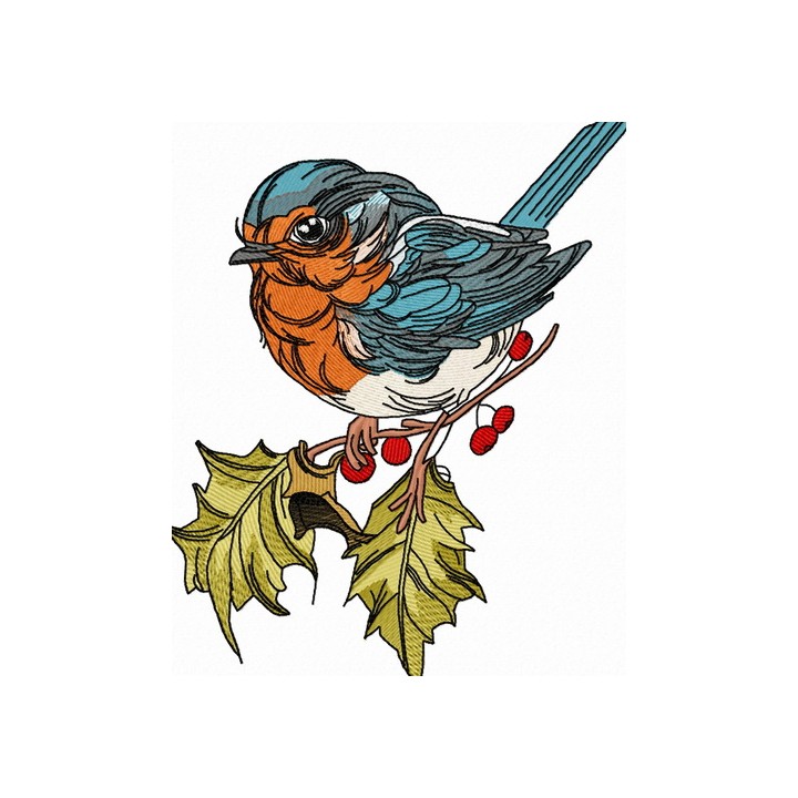 Robin on branch of holly 3 embroidery design - Embroidery Design