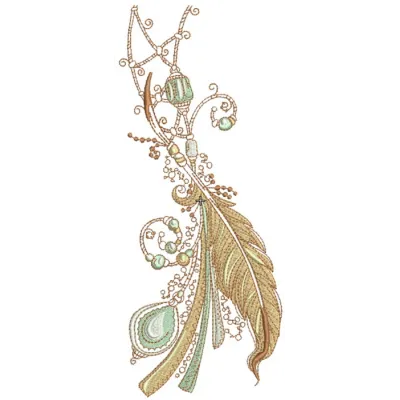 Romantic composition embroidery design featuring elegant feathers and wings, ideal for various fabric projects.